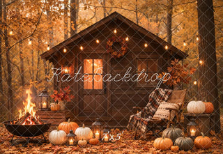Kate Fall Forest Cabin Pumpkin Fire Pit Printed Backdrop Designed by Emetselch