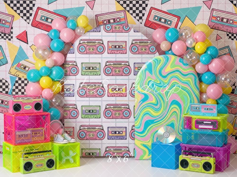 Kate Birthday 90s Retro Cassette Tape Boombox Neon Geometric Graffiti Printed Backdrop Designed by Mini MakeBelieve
