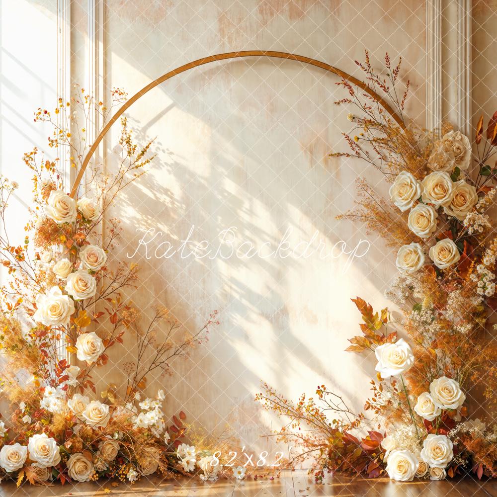 Kate Fall Flower Arch Beige Roses Dried Leaves Backdrop Designed by Emetselch