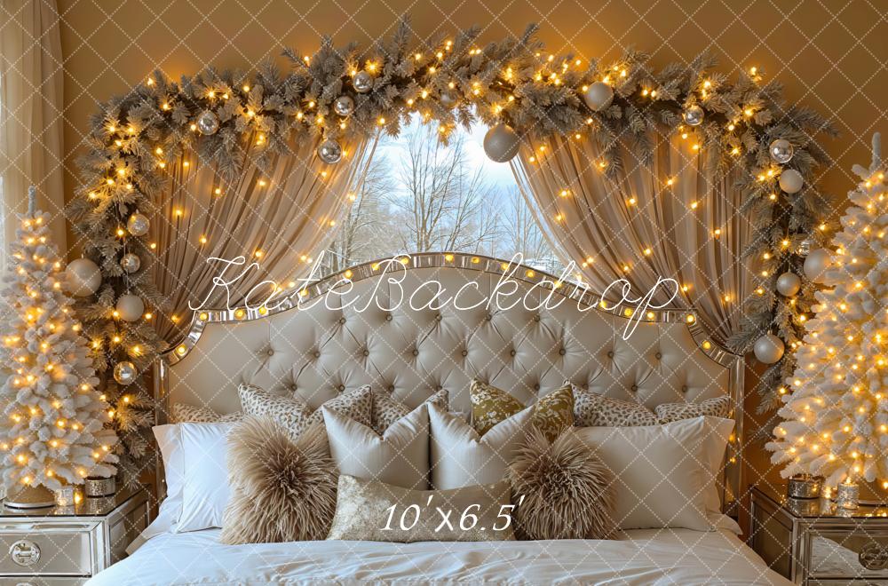 Kate Christmas Tufted Headboard Garland Lights Beige Backdrop Designed by Mini MakeBelieve