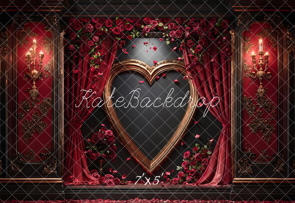 Kate Valentines Red Heart Frame Roses Curtains Floral Backdrop Designed by Emetselch