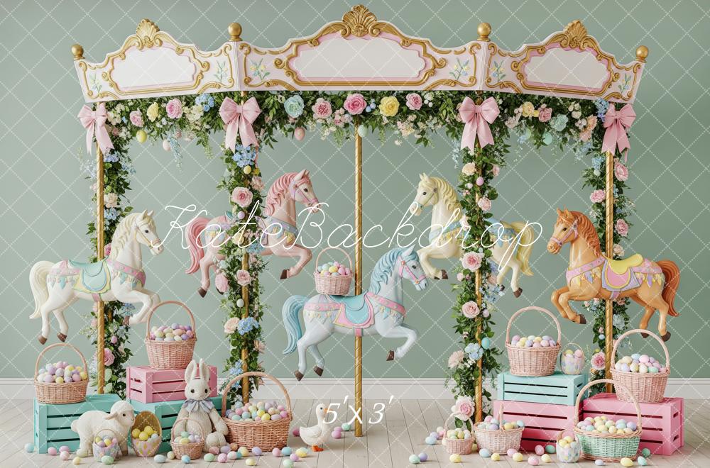 Kate Easter Carousel Bunny Pastel Eggs Floral Garland Printed Backdrop Designed by Patty Roberts