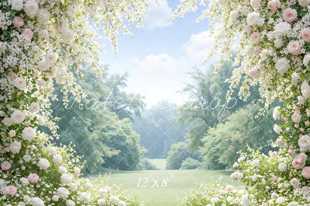 Kate Summer Flower Arch White Pink Roses Garden Printed Backdrop Designed by Mini MakeBelieve