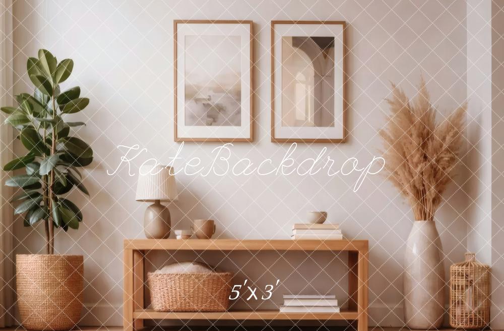 Kate Neutral Living Room Plant Cabinet Decor Printed Backdrop Designed by Vertigo Productions