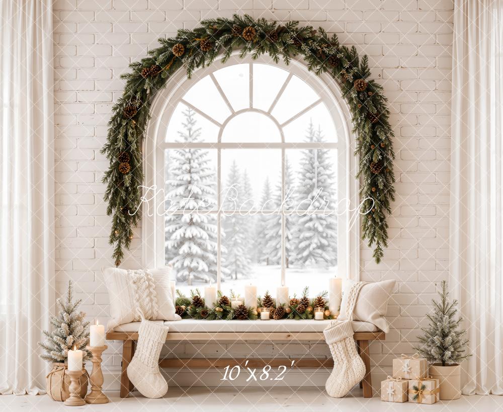 Kate Christmas Arched Window Cozy Bench Garland Snowy Forest Printed Backdrop Designed by Emetselch