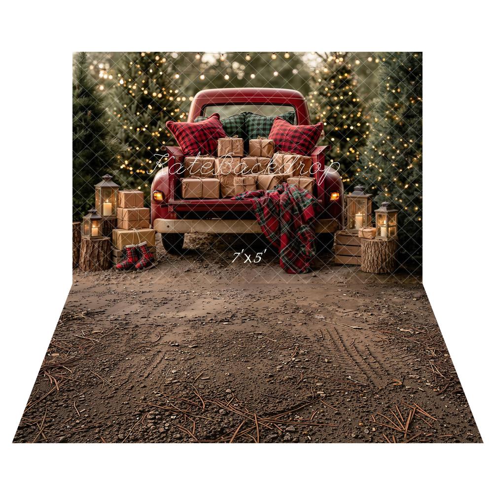 Kate Christmas Red Truck Presents Pine Trees Lanterns Plaid Blanket Printed Backdrop+Brown Dirt Gravel Tire Track Floor Printed Backdrop