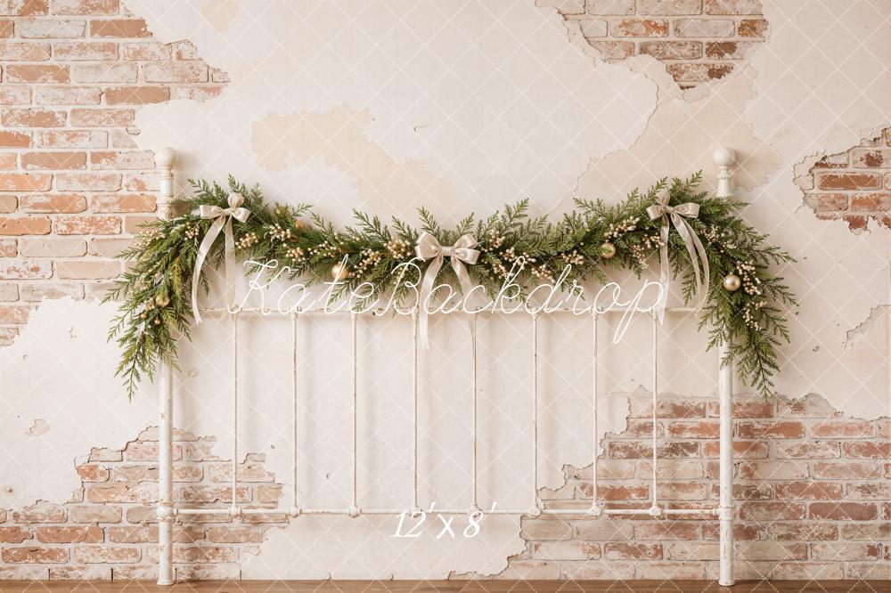 Kate Christmas Vintage Brick Wall Garland Headboard Printed Backdrop Designed by Emetselch