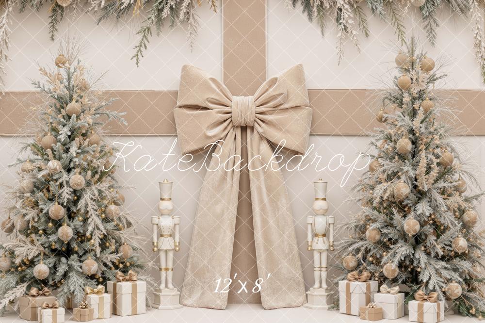 Kate Christmas Beige Bow Nutcracker Trees Printed Backdrop Designed by Mini MakeBelieve