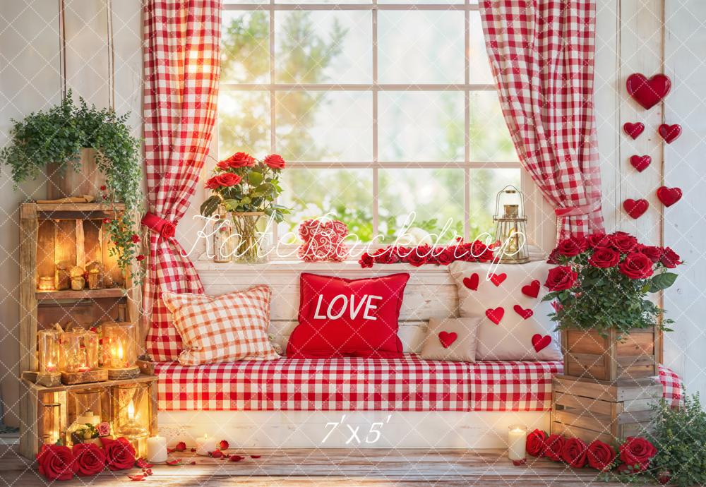 Kate Valentines Red Gingham Window Bench Hearts Roses Backdrop Designed by Emetselch