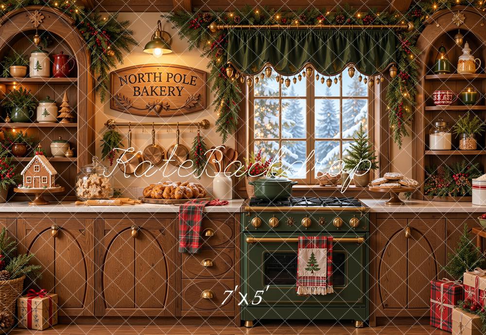 Kate Christmas Kitchen Rustic Bakery Green Oven Snowy Window Printed Backdrop Designed by Shutter Swan Studios