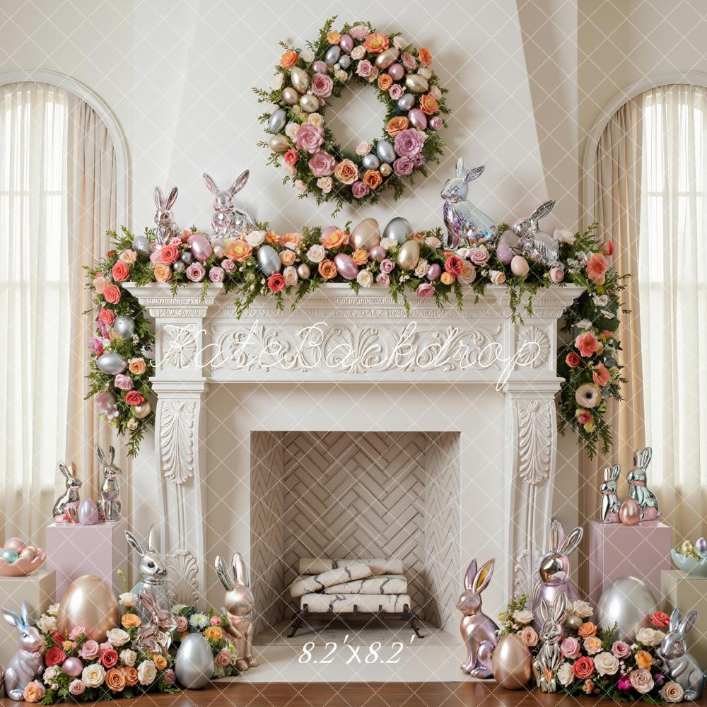 Kate Easter Bunny Pastel Eggs Floral Fireplace Backdrop Designed by Mini MakeBelieve