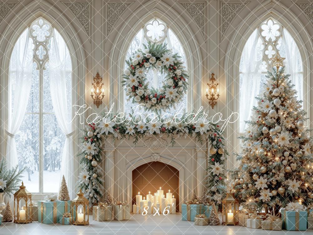 Kate Christmas Cathedral Fireplace Wreath Tree Printed Backdrop Designed by Mini MakeBelieve