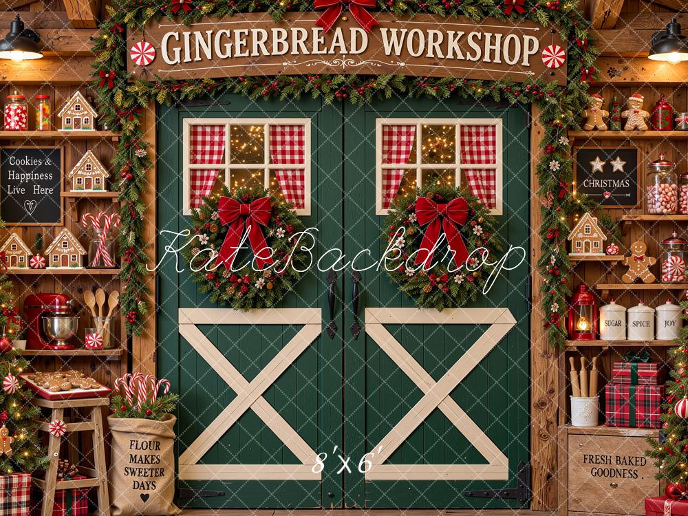 Kate Christmas Gingerbread Workshop Green Barn Door Shelves Printed Backdrop Designed by Shutter Swan Studios