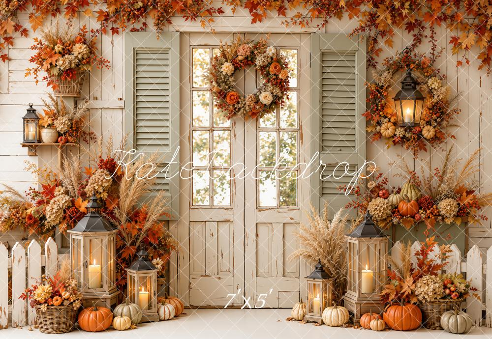 Kate Fall Floral Door Garland Pumpkins Window Shutters Lanterns Fence Printed Backdrop Designed by Emetselch