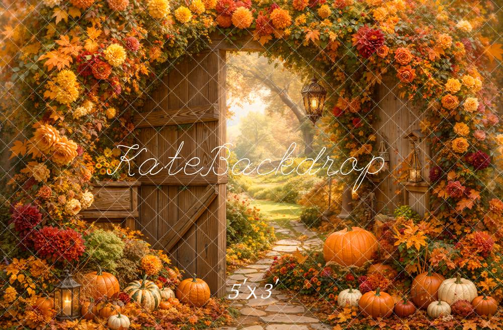 Kate Fall Flower Arch Wood Door Pumpkin Garden Printed Backdrop Designed by Emetselch