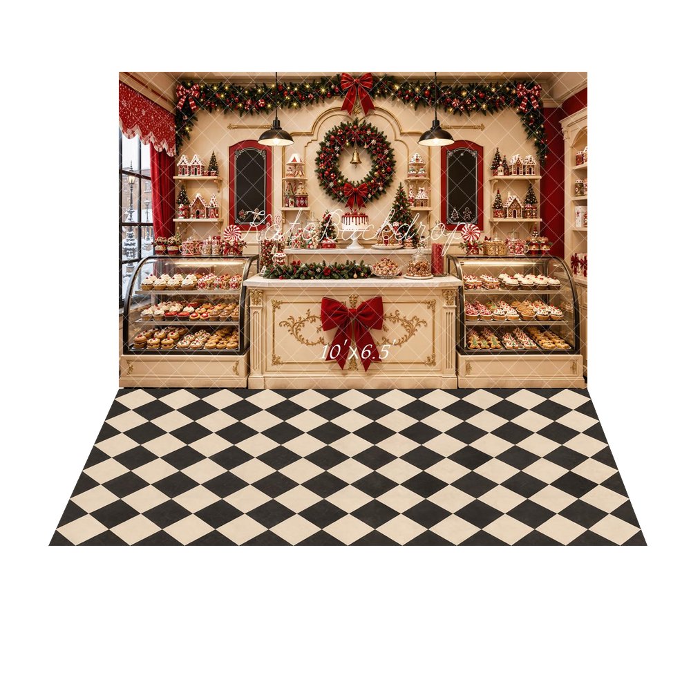Kate Christmas Bakery Shop Cupcake Wreath Garland Printed Backdrop+Black And Beige Buffalo Plaid Printed Backdrop