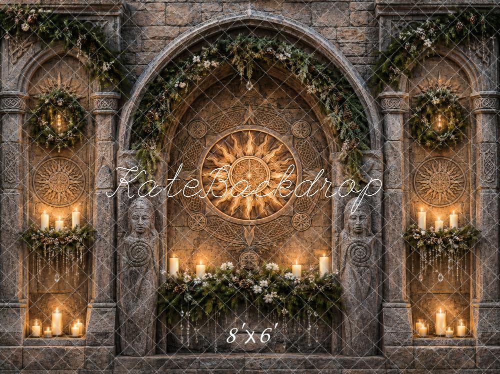 Kate Nordic Stone Sanctuary Stone Arch Sun Carving Candles Garland Printed Backdrop Designed by Vertigo Productions