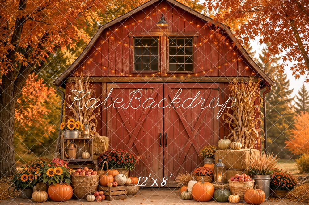 Kate Fall Red Barn Pumpkins Sunflower Lantern Harvest Forest Printed Backdrop Designed by Emetselch