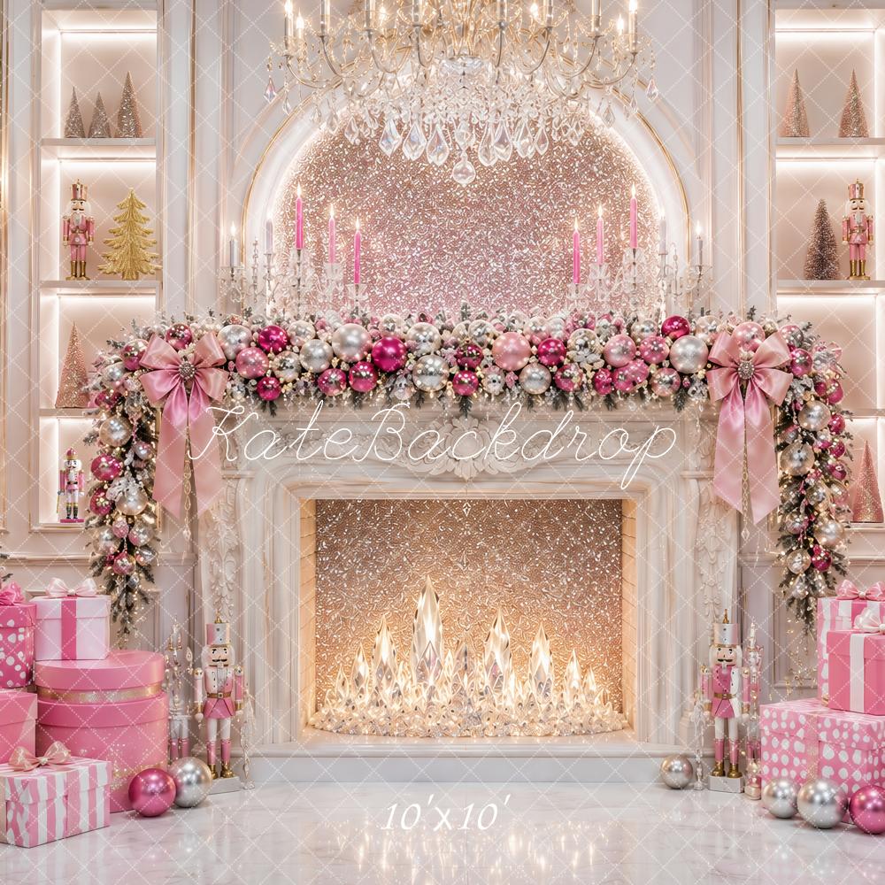 Kate Christmas Luxury Pink Fireplace Chandelier Trees Presents Printed Backdrop Designed by Ashley Paul