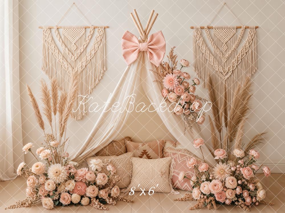 Kate Mother's Day Boho Canopy Flower Arch Macrame Bow Pink Backdrop Designed by Emetselch