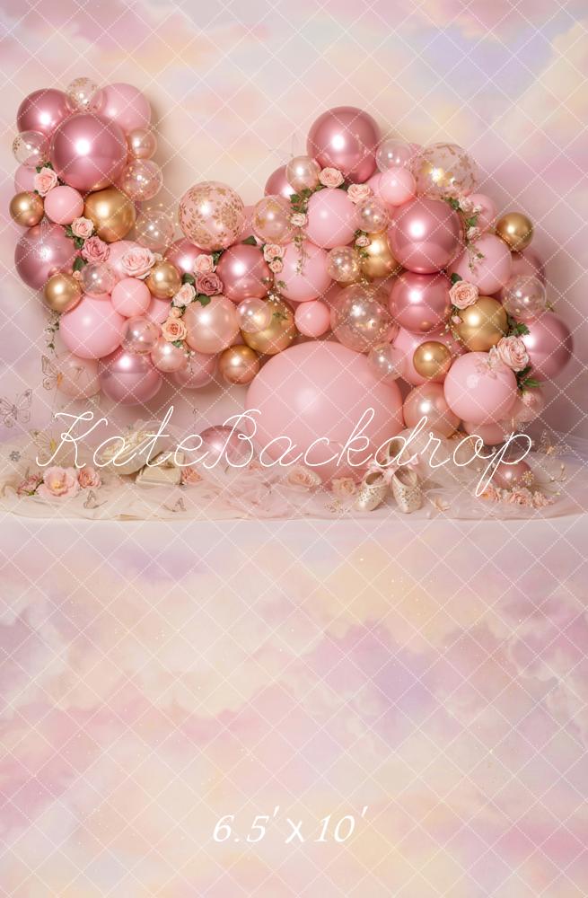 Kate Cake Smash Pink Balloon Garland Roses Pastel Printed Backdrop Designed by Emetselch