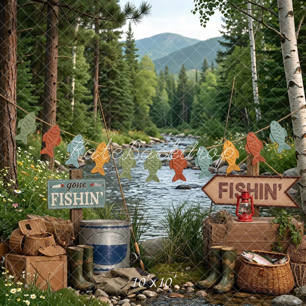 Kate Fishing Camp River Garland and Baskets Printed Backdrop Designed by Emetselch