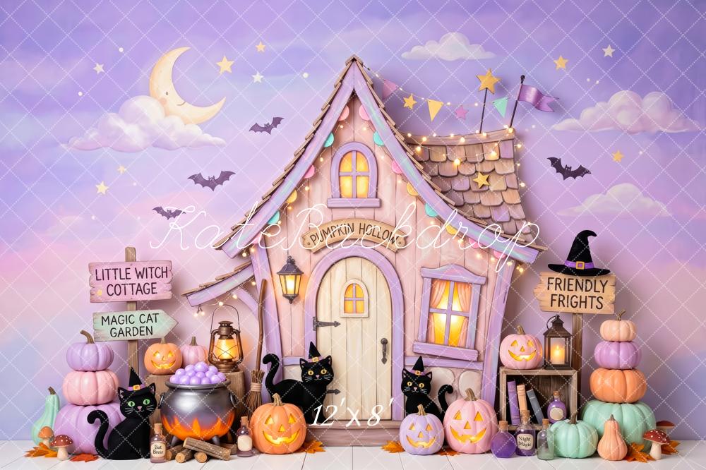 Kate Halloween Cake Smash Witch Cottage Pumpkins Black Cats Printed Backdrop Designed by Patty Roberts