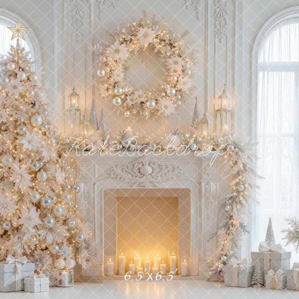 Kate Christmas Tree White Elegant Wreath Fireplace Printed Backdrop Designed by Mini MakeBelieve