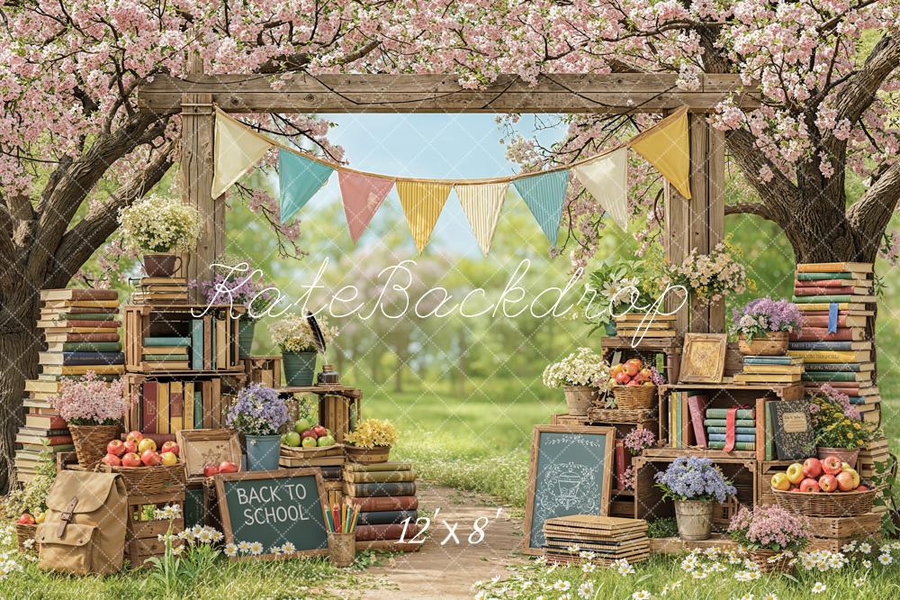 Kate Back to School Books Cherry Blossom Flowers Printed Backdrop Designed by Emetselch