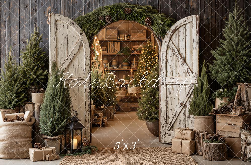 Kate Christmas Rustic Wood Barn Door Archway Pine Trees Printed Backdrop Designed by Emetselch