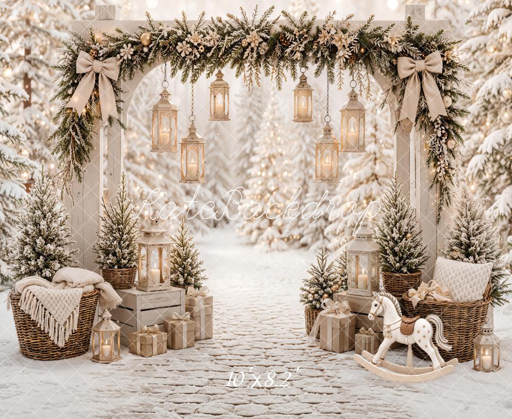 Kate Christmas Garland Arch Lanterns Snowy Forest Rocking Horse Printed Backdrop Designed by Emetselch