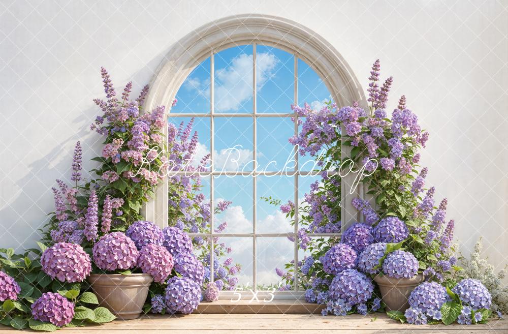 Kate Spring Purple Flower Arched Window Sky Backdrop Designed by Emetselch