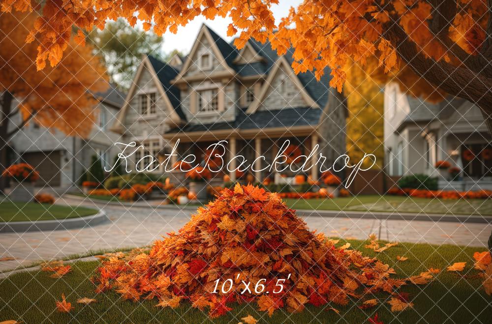 Kate Fall Orange Fallen Leaves Pile Front Yard House Backdrop Designed by Mini MakeBelieve
