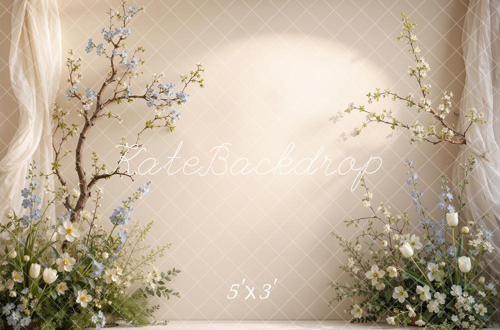 Kate Spring Beige Floral Branches Draped Curtains Printed Backdrop Designed by Shutter Swan Studios
