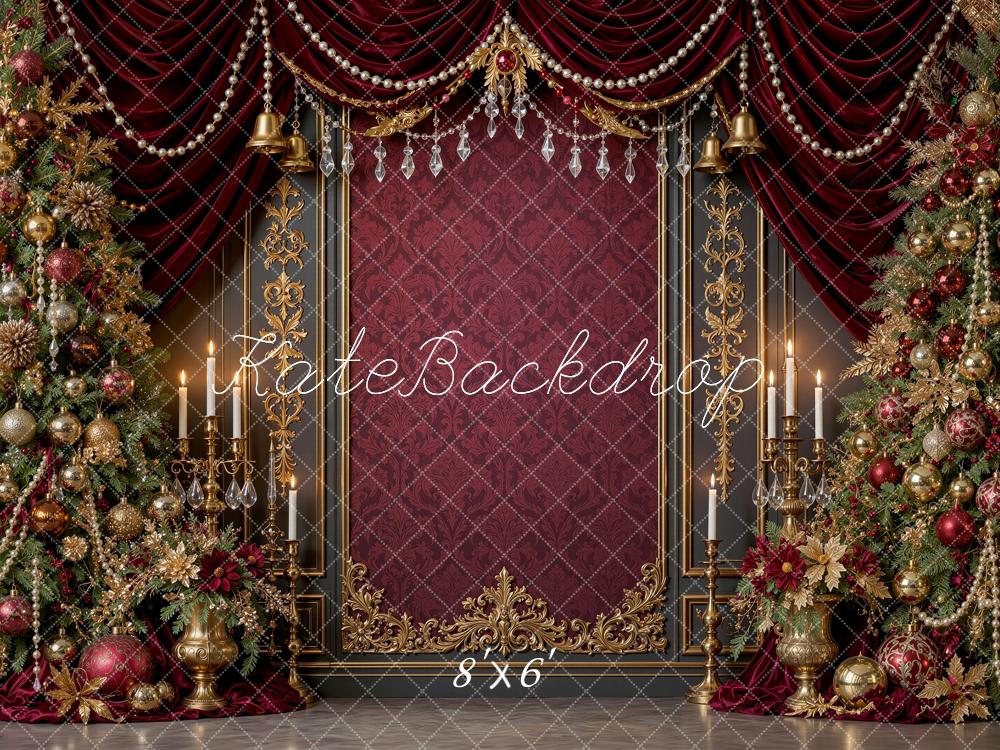 Kate Christmas Trees Ruby Burgundy Gold Drapes Vintage Wall Printed Backdrop Designed by Shutter Swan Studios