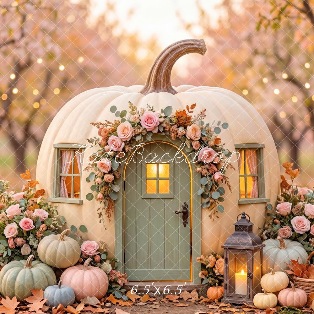 Kate Fall Pumpkin House Flowers Lantern Printed Backdrop Designed by Patty Roberts