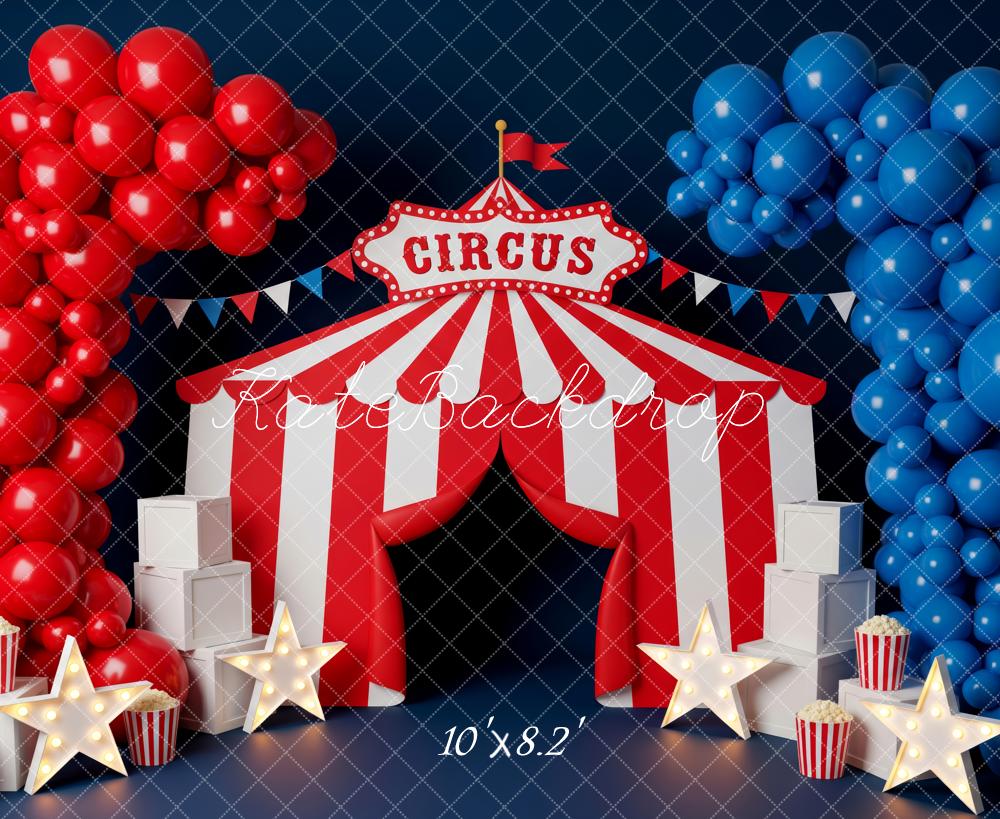 Kate Cake Smash Circus Tent Red Blue Balloon Popcorn Stars Printed Backdrop Designed by Patty Roberts