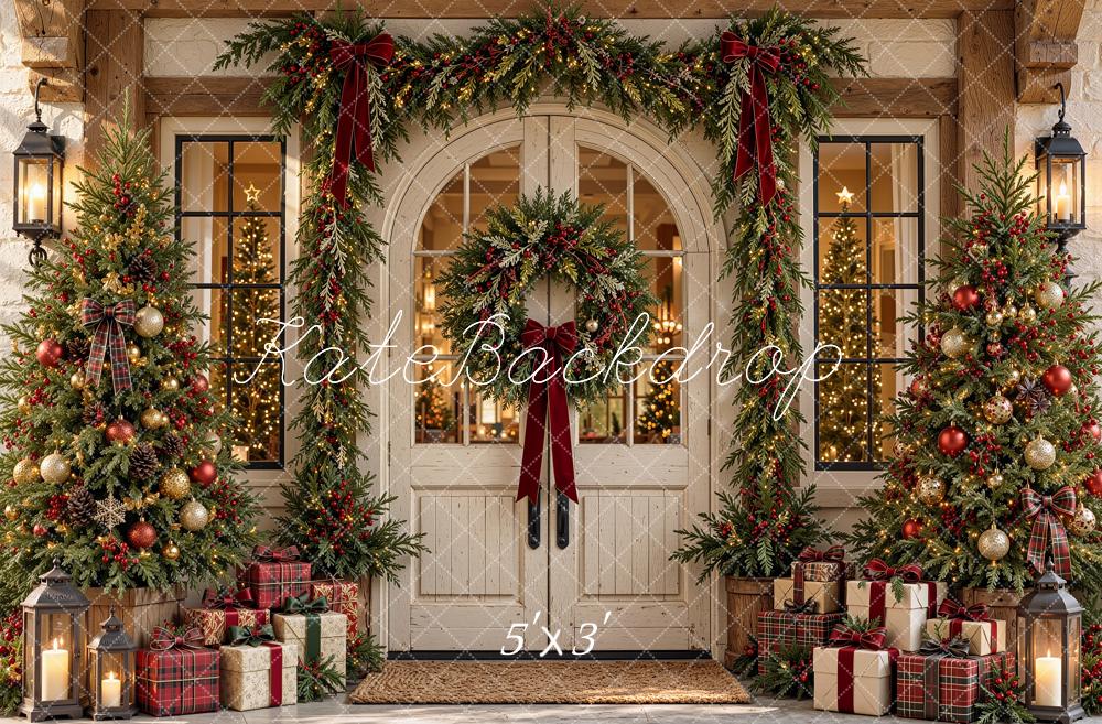 Kate Christmas White Front Door Garland Wreath Trees Printed Backdrop Designed by Shutter Swan Studios