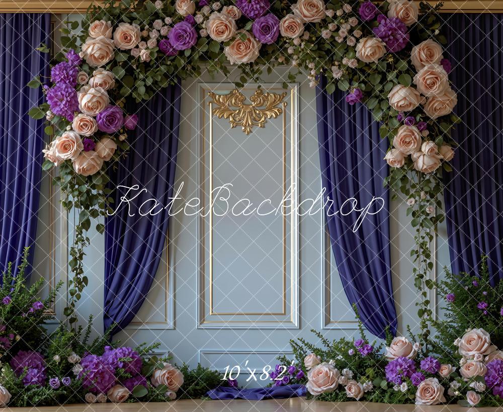 Kate Flower Arch Blue Wall Purple Curtains Backdrop Designed by Mini MakeBelieve