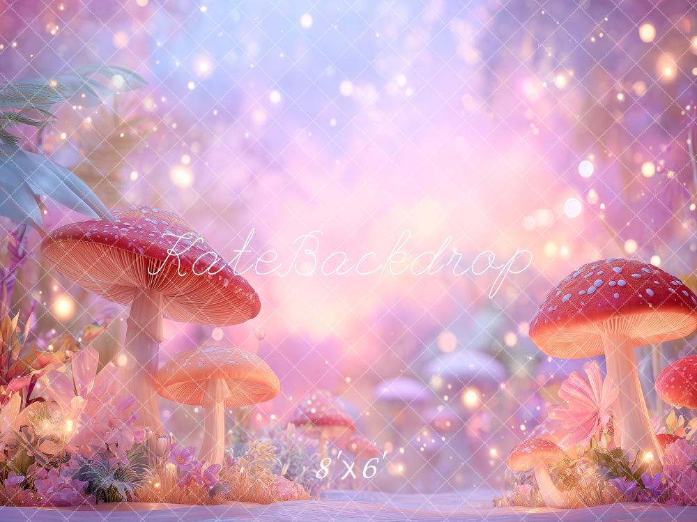 Kate Fairy Fantasy Pink Mushroom Forest Bokeh Printed Backdrop Designed by Angela Miller