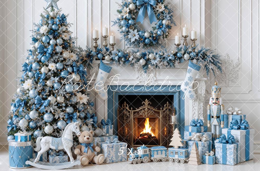Kate Christmas Tree Blue Fireplace Wreath Gifts Winter Wonderland Printed Backdrop Designed by Mini MakeBelieve