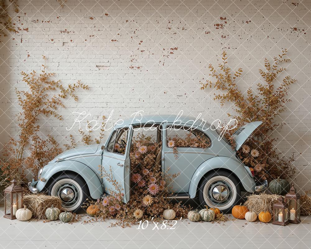 Kate Fall Vintage Blue Car Pumpkins White Brick Wall Printed Backdrop Designed by Ashley Ward
