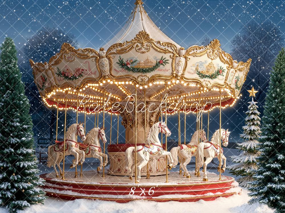 Kate Christmas Carousel Snowy Pine Trees Night Backdrop Designed by Emetselch