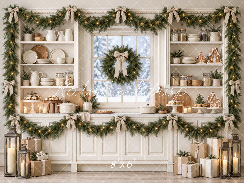 Kate Christmas Kitchen Garland Wreath Gingerbread Baking White Printed Backdrop Designed by Emetselch