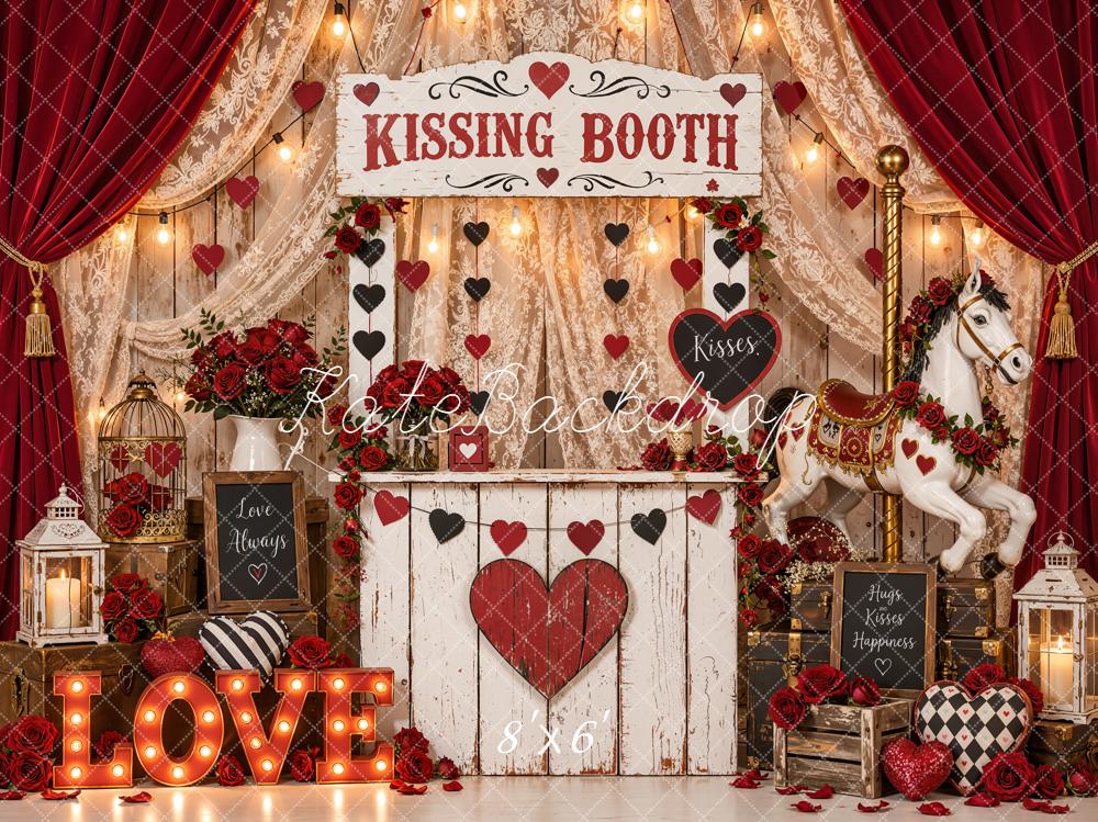 Kate Valentine's Day Kissing Booth Carousel Horse Curtains Hearts Printed Backdrop Designed by Emetselch