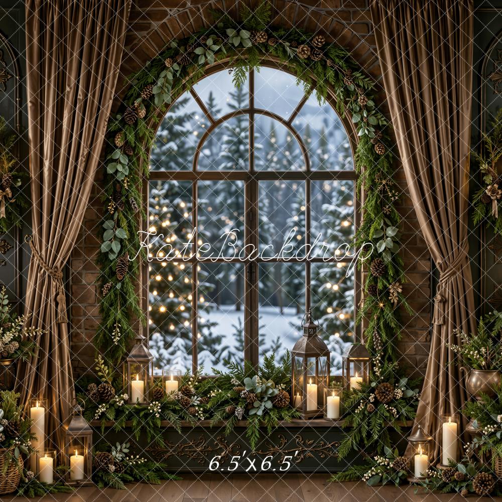 Kate Christmas Arched Window Candle Evergreen Garland Printed Backdrop Designed by Emetselch