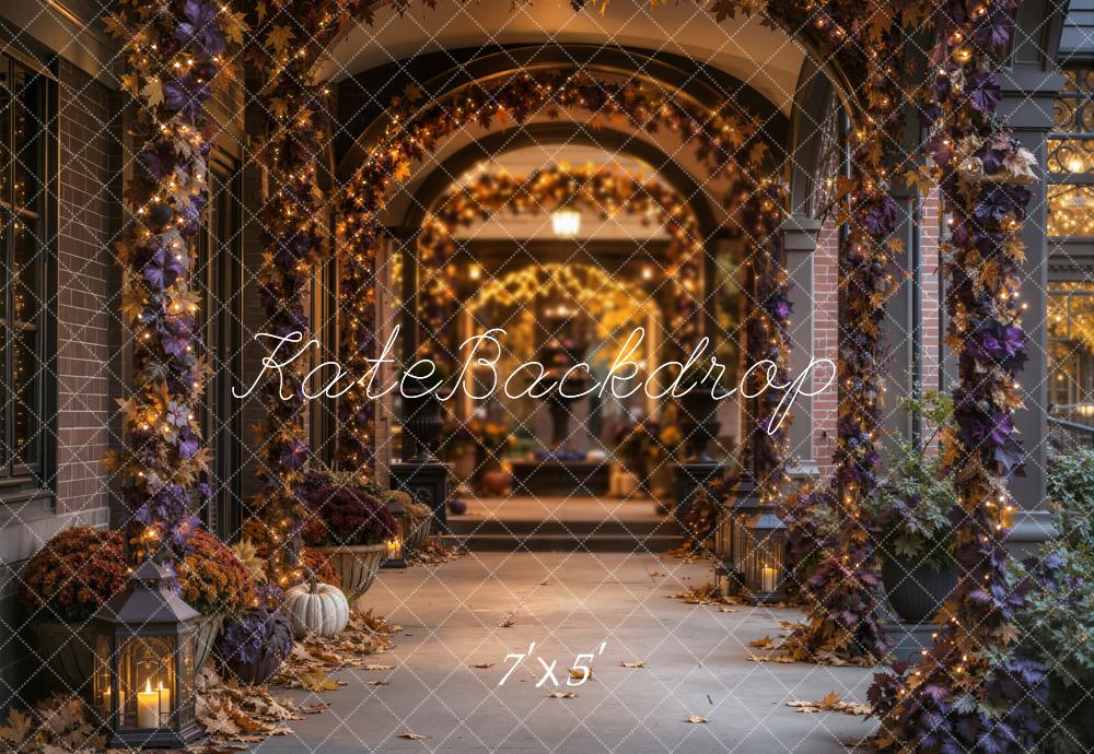 Kate Halloween Gothic Archway Pumpkin Garland Architecture Printed Backdrop Designed by Emetselch