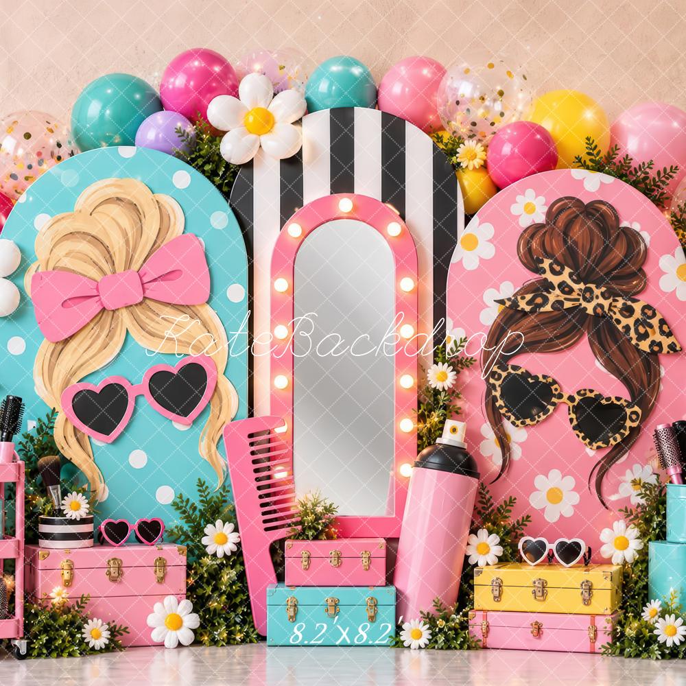 Kate Cake Smash Pink Retro Beauty Salon Vanity Mirror Printed Backdrop Designed by Laura Bybee