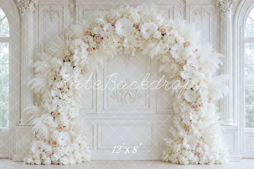 Kate Romantic White Flower Feathers Arch Ornate Wall Printed Backdrop Designed by Mini MakeBelieve