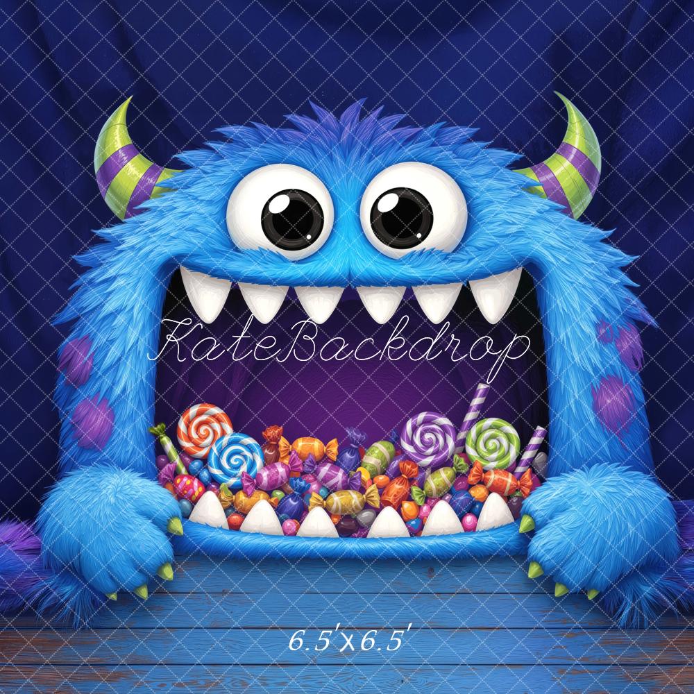 Kate Halloween Trunk or Treat Blue Furry Monster Candy Printed Backdrop Designed by Mini MakeBelieve